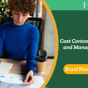 Professional reviewing cost analysis documents in office setting; promotional banner highlights UK-based Cost Control Process and Management training.