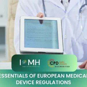 Medical professional presenting CPD-accredited course on European medical device regulations using digital form in clinical setting