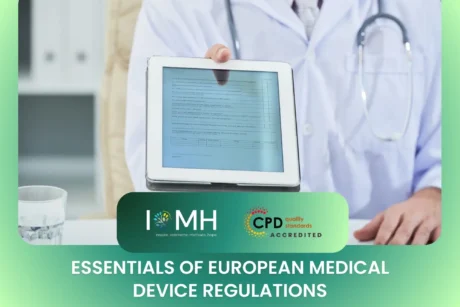 Medical professional presenting CPD-accredited course on European medical device regulations using digital form in clinical setting