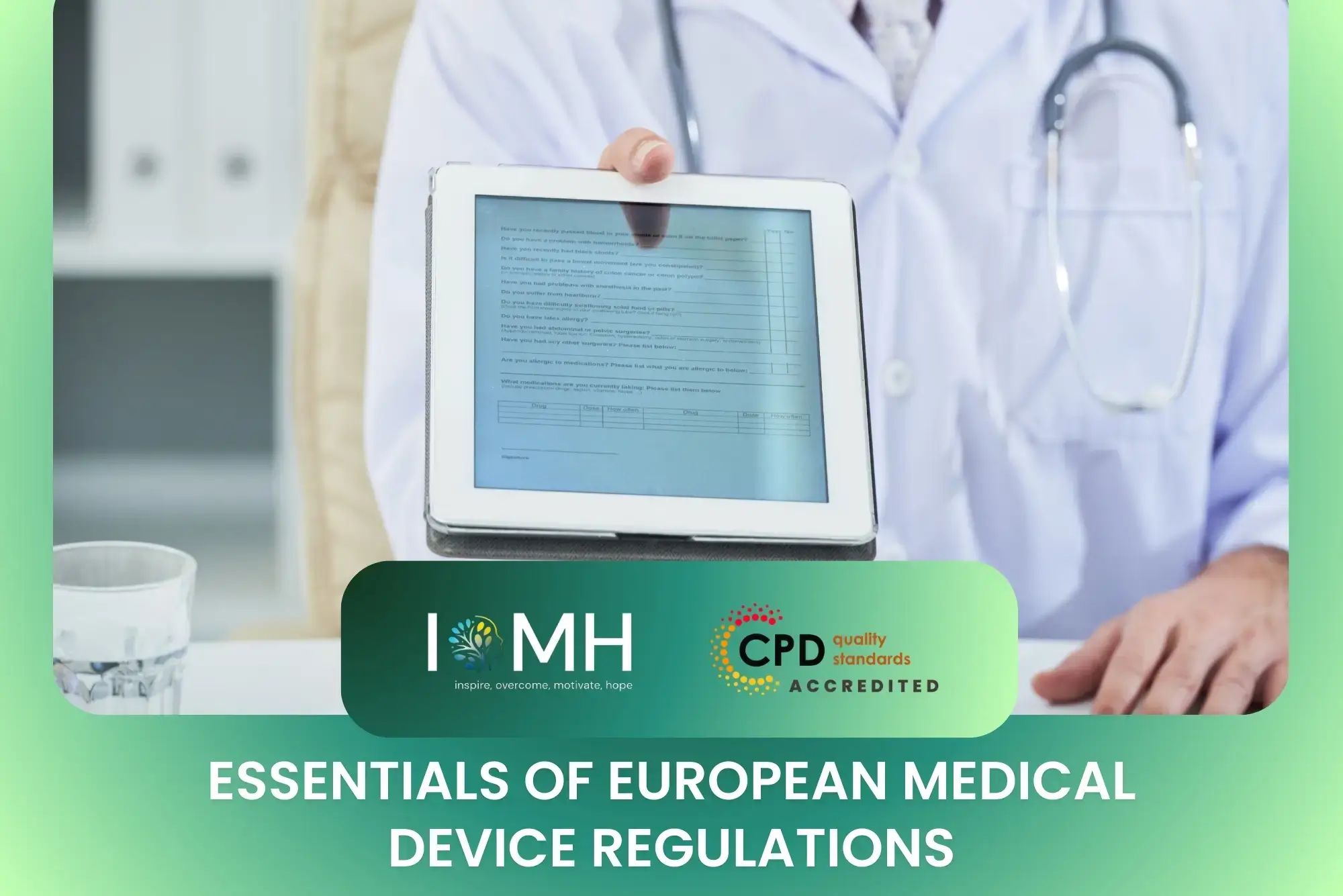 Medical professional presenting CPD-accredited course on European medical device regulations using digital form in clinical setting