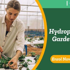 Hydroponics Gardening training banner with person inspecting leafy plants in indoor trays under controlled environment and enrol now.