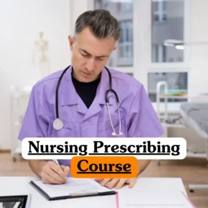 Nursing Prescribing Course banner with nurse in light purple scrubs writing on clipboard at medical desk with stethoscope and tablet.