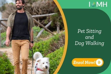 Pet sitter walks white dog through natural trail; enrolment banner promotes UK-based Dog Walking and Pet Sitting service by IOMH.