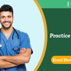 Healthcare professional in blue scrubs featured in promotional banner for UK-based Practice Nurse training by IOMH.
