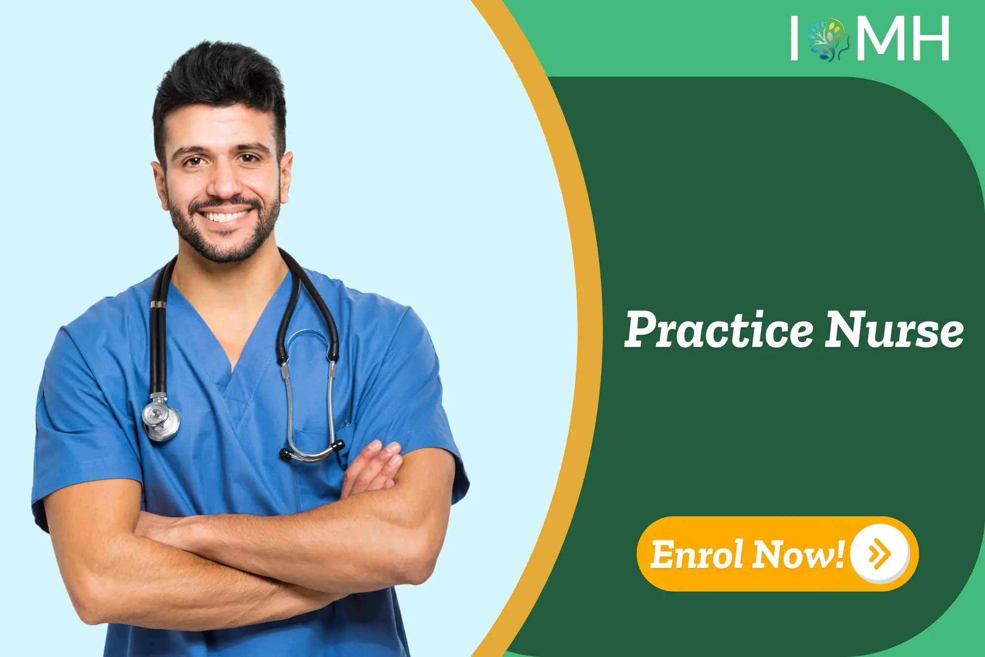 Healthcare professional in blue scrubs featured in promotional banner for UK-based Practice Nurse training by IOMH.