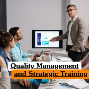 Quality Management and Strategic Training course banner with team in office presentation showing charts graphs.