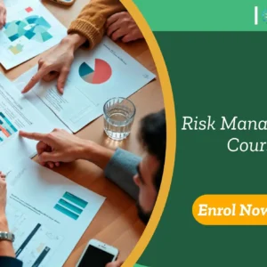 Team analysing charts at meeting table; banner promotes Risk Management Training.