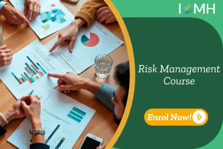 Team analysing charts at meeting table; banner promotes Risk Management Training.