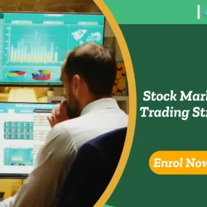 Trader analysing multi-screen stock data; banner promotes IOMH Stock Market Day Trading Strategies course.