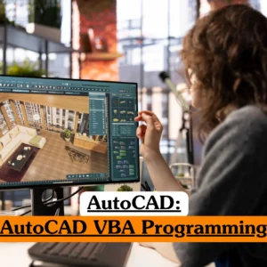 Theoretical computer-aided design (CAD) and software automation training banner featuring an over-the-shoulder perspective of a female design engineer with curly brown hair working at a modern workstation.