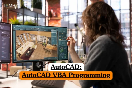 Theoretical computer-aided design (CAD) and software automation training banner featuring an over-the-shoulder perspective of a female design engineer with curly brown hair working at a modern workstation.