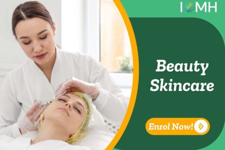 Professional skincare procedure in well-lit clinical setting; promotional banner highlights UK-based Beauty Skincare course.