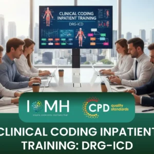 Team in office training session; banner promotes IOMH Clinical Coding DRG-ICD course.