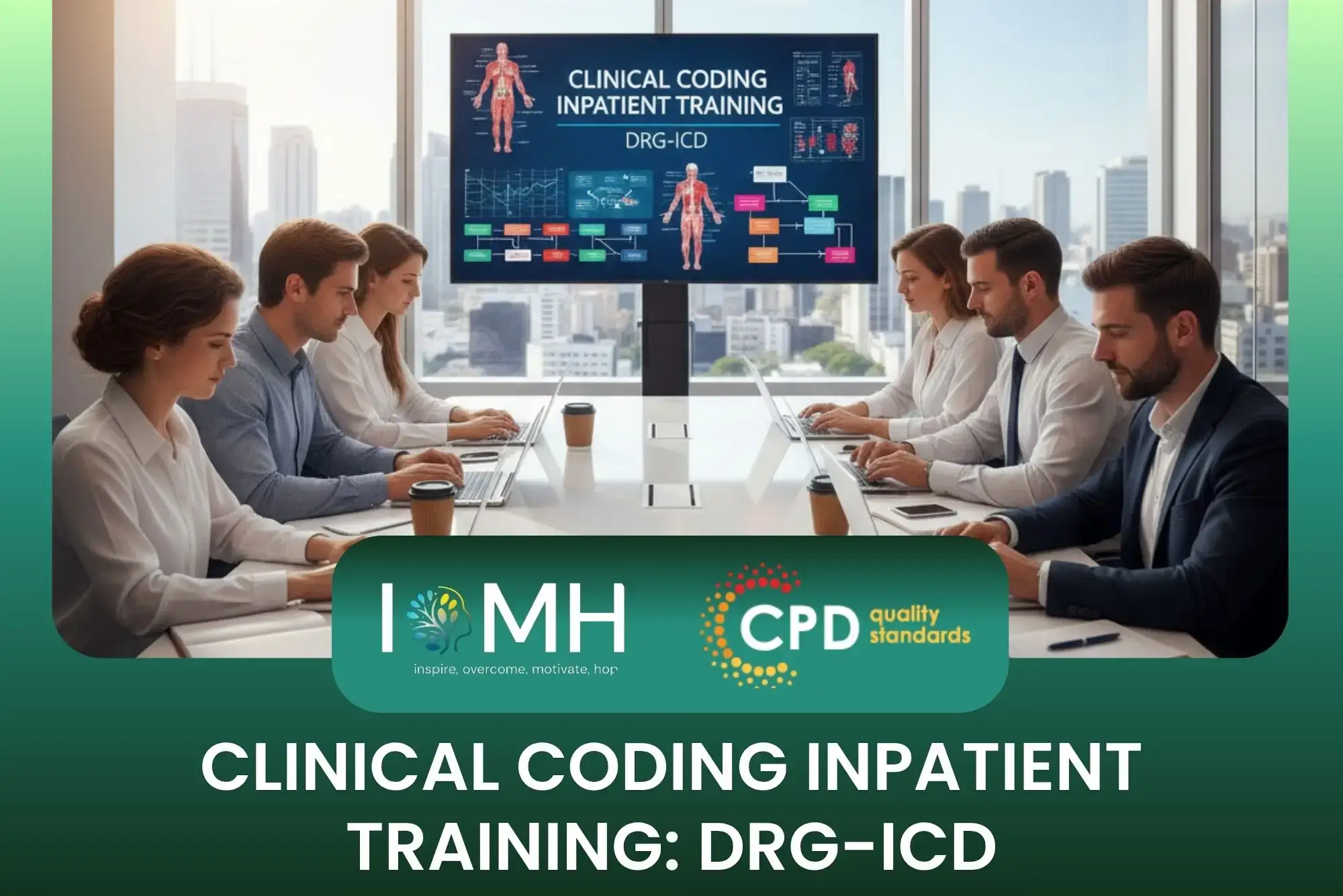 Team in office training session; banner promotes IOMH Clinical Coding DRG-ICD course.