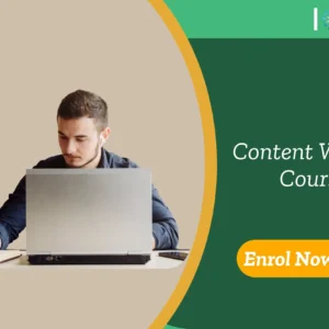 A professional seated at a desk writing in a notebook beside a laptop; promotional banner Content Writing Course.
