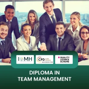 Diploma in Team Management training with group of professionals smiling and collaborating in modern corporate office setting.