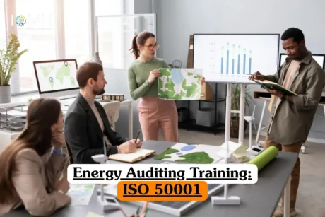 Energy Auditing Training ISO 50001 course banner with office team analyzing renewable energy models wind turbines solar panel and data charts.
