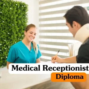 Medical Receptionist Diploma banner with healthcare professional in teal scrubs assisting patient with neck brace at reception desk.