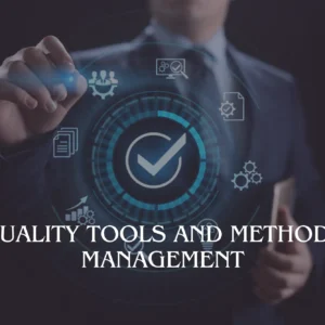 A futuristic digital interface displays quality management tools and icons, with a person interacting with the virtual elements.
