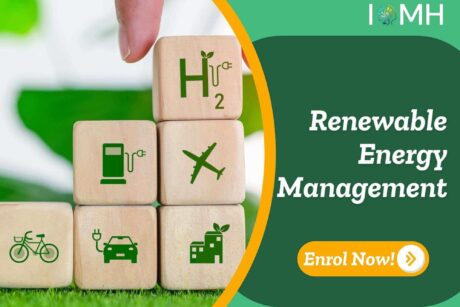 Renewable Energy Management banner with hand placing icons for hydrogen, electric transport, and sustainable buildings.