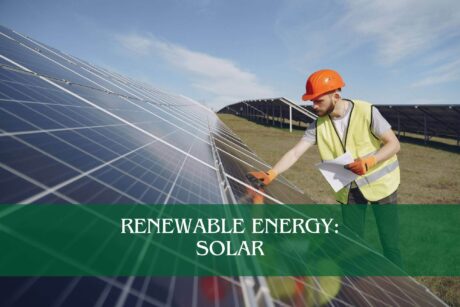 Renewable Energy: Solar training with professional inspecting photovoltaic panels in outdoor installation site.