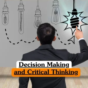 Decision Making and Critical Thinking course banner with professional pointing at highlighted light bulb illustration.
