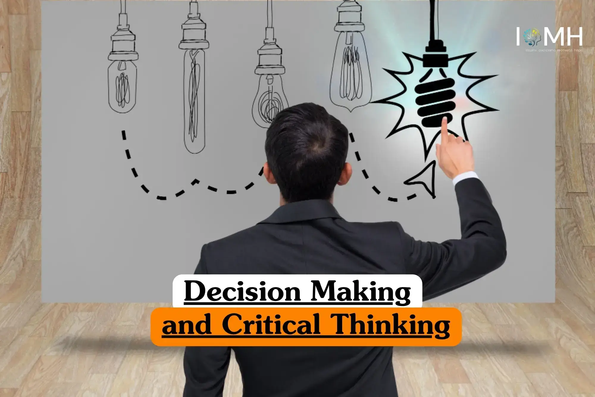 Decision Making and Critical Thinking course banner with professional pointing at highlighted light bulb illustration.