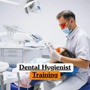 Dental Hygienist Training course banner with dental professional wearing mask and protective glasses performing oral care procedure on patient reclined in dental chair in clean modern clinic with dental light tools and cabinets visible.