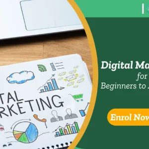 Notebook filled with vibrant digital marketing visuals and a bold title; promotional banner invites enrolment in the Digital Marketing course,