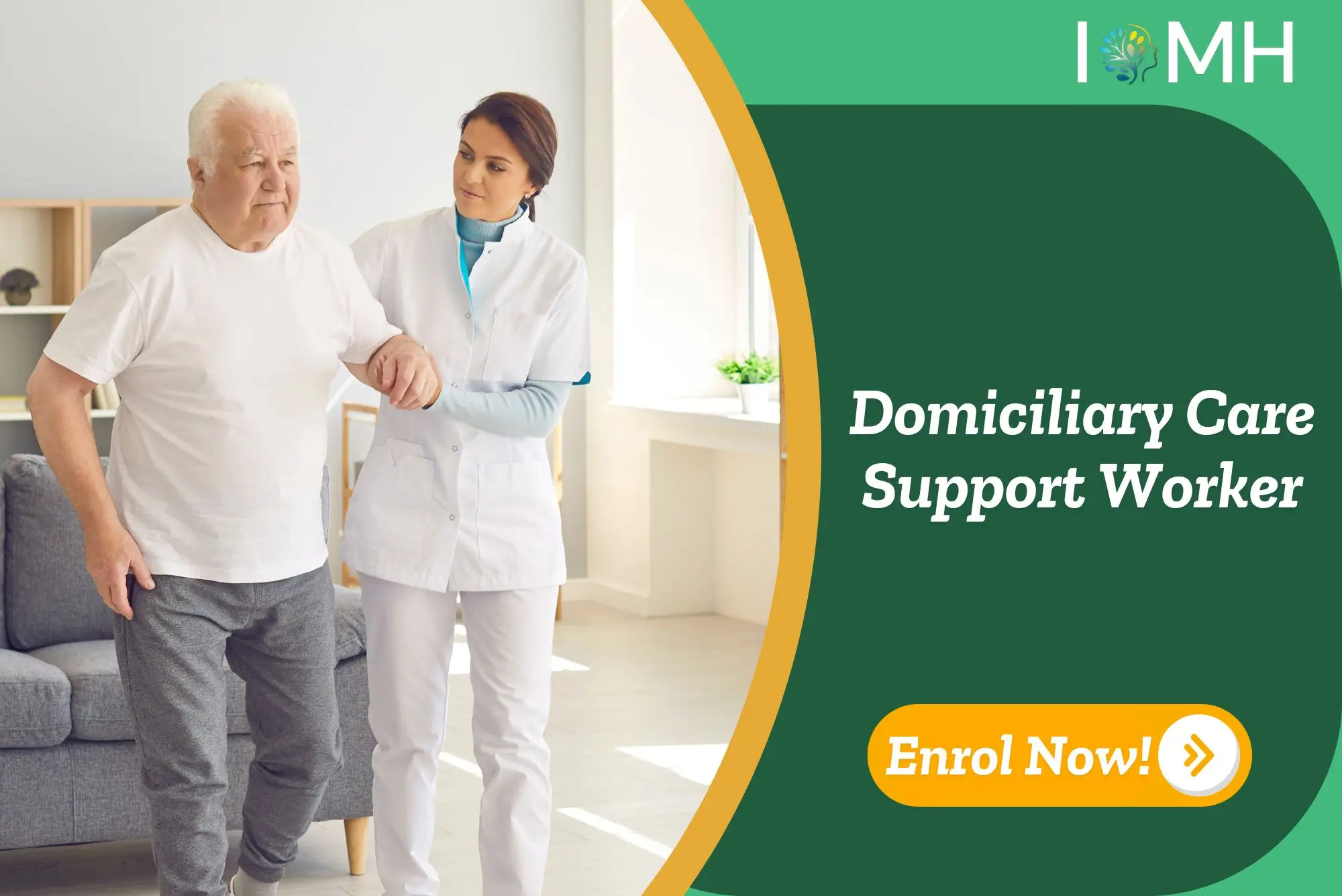 Elderly individual receives mobility support from domiciliary care worker in home setting; promotional banner highlights UK-based Domiciliary Care Support Worker training.
