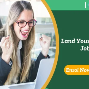 Excited woman at laptop; banner promotes Land Your Dream Job course.
