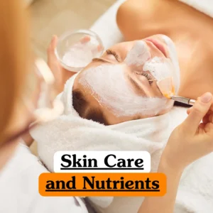 Theoretical dermatology and nutritional science training banner featuring a woman applying a facial serum while surrounded by fresh, nutrient-rich ingredients like citrus and oils.