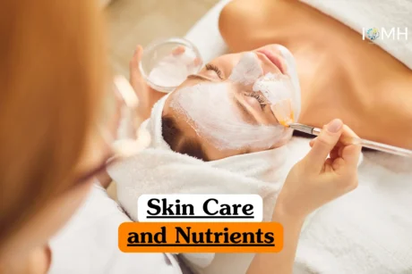 Theoretical dermatology and nutritional science training banner featuring a woman applying a facial serum while surrounded by fresh, nutrient-rich ingredients like citrus and oils.