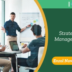 Professionals engaged in strategic planning session with whiteboard notes on goals, tasks, and Q4 targets; promotional banner highlights UK-based Strategic Management training by IOMH.