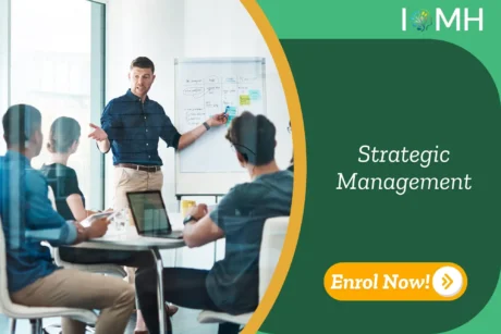 Professionals engaged in strategic planning session with whiteboard notes on goals, tasks, and Q4 targets; promotional banner highlights UK-based Strategic Management training by IOMH.