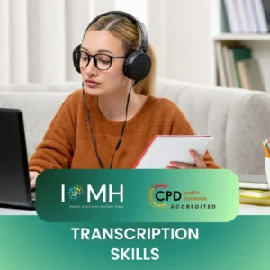 Transcription skills training with learner using laptop and notebook in study setting.