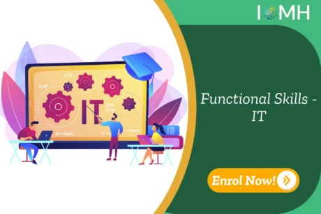 Learners engage in hands-on IT skills training featuring programming languages; promotional banner highlights UK-based Functional Skills – IT course by IOMH.