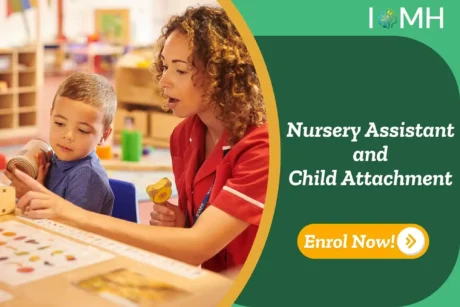Early years practitioner engaging with child in a nursery setting; promotional banner highlights UK-based training in nursery assistance and child attachment.