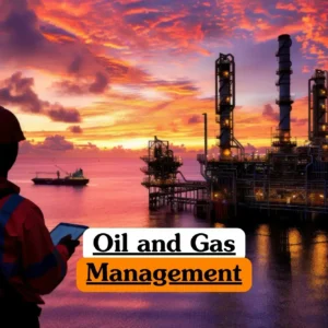 Oil and Gas Management course banner with worker in safety gear holding tablet on offshore platform at sunset.