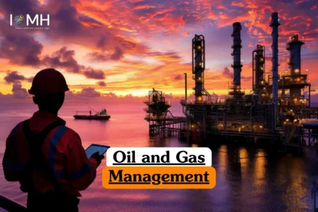 Oil and Gas Management course banner with worker in safety gear holding tablet on offshore platform at sunset.