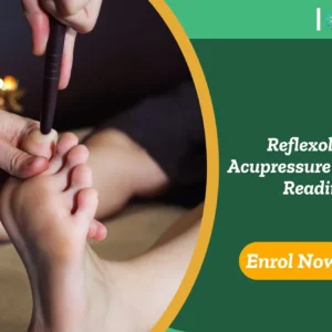 Close-up of reflexology foot treatment; banner promotes IOMHReflexology: Acupressure and Foot Reading course.