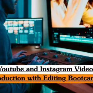 Theoretical digital media and content creation training banner featuring a male creator in a yellow hoodie recording a video in a professional home studio setup.