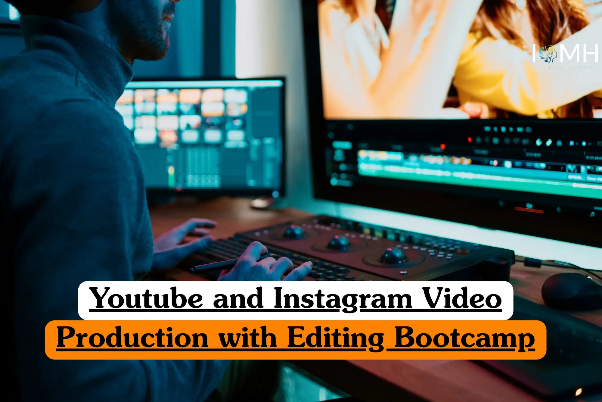 Theoretical digital media and content creation training banner featuring a male creator in a yellow hoodie recording a video in a professional home studio setup.