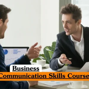 Business Communication Skills course banner with professionals discussing documents and laptop charts in office setting.