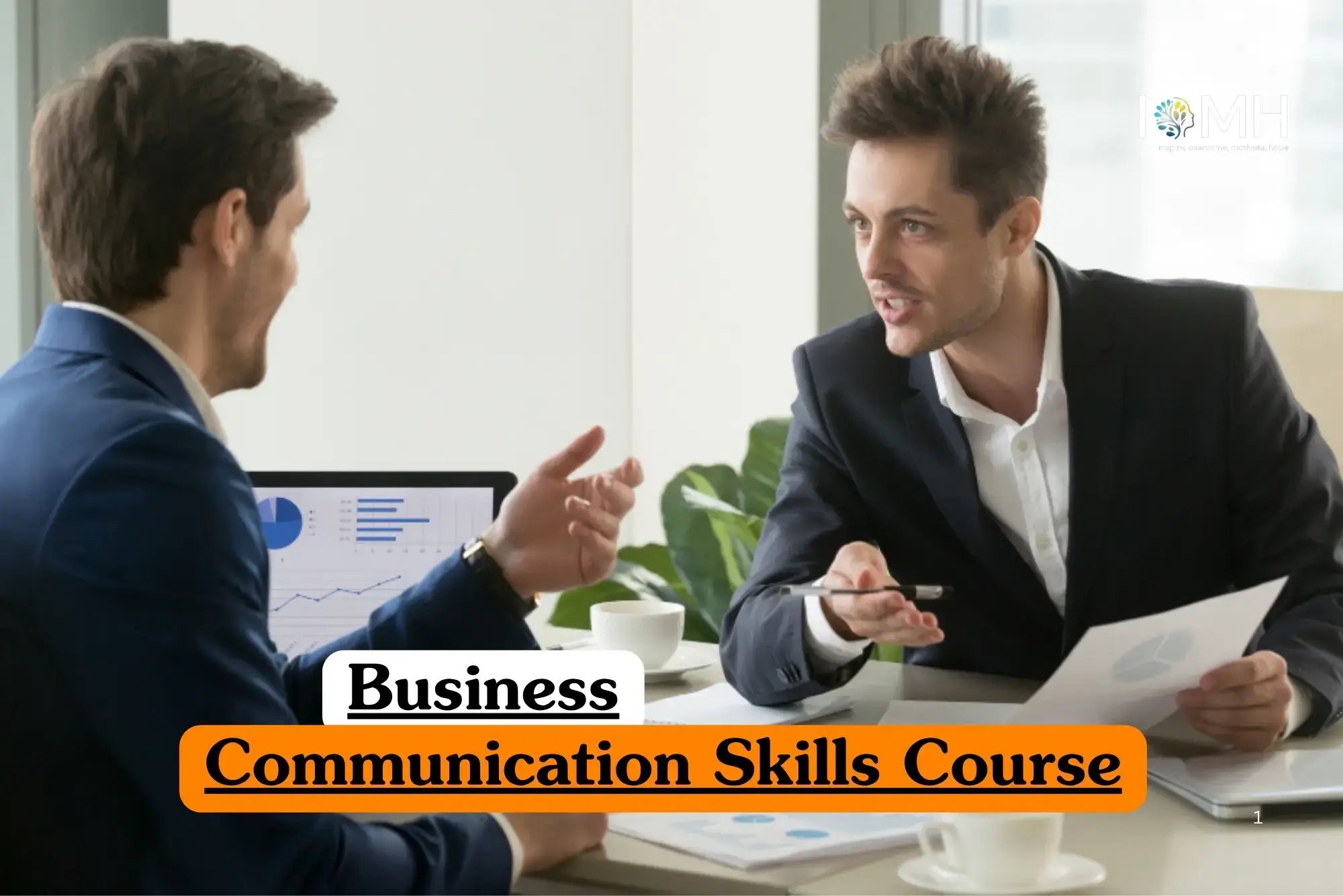 Business Communication Skills course banner with professionals discussing documents and laptop charts in office setting.