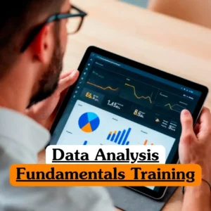 Data Analysis Fundamentals Training course banner with person holding tablet displaying graphs charts and performance metrics at desk with smartphone and pen.