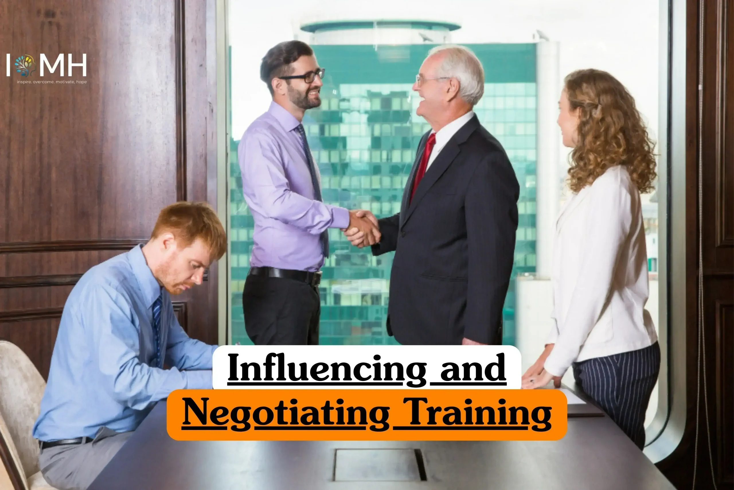Influencing and Negotiating Training course banner with professionals shaking hands in modern office meeting with colleagues taking notes.
