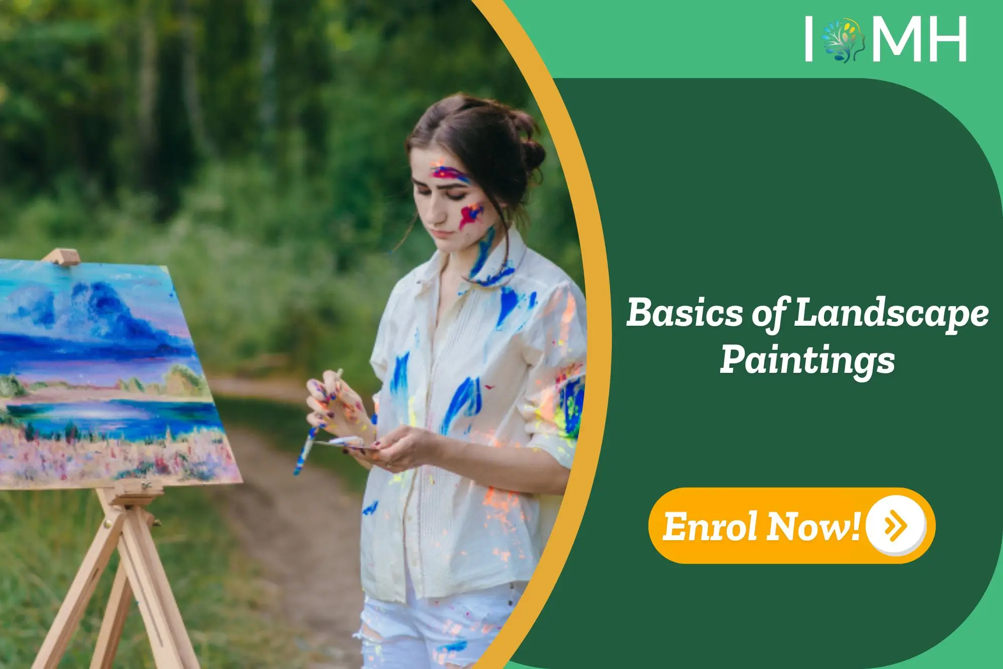 Artist painting landscape outdoors; banner promotes Basics of Landscape Paintings course.