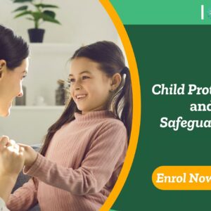 Emotive care scene representing safeguarding principles; promotional banner promotes UK-based “Child Protection and Safeguarding” training by IOMH