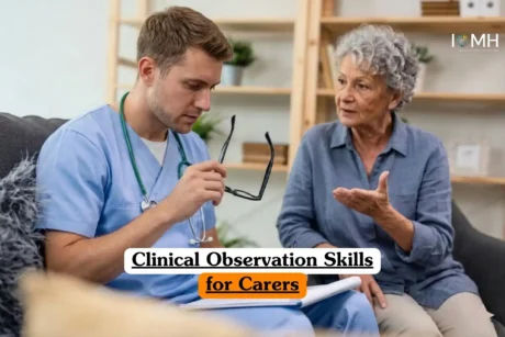 Clinical Observation Skills for Carers course banner with healthcare professional in blue scrubs and stethoscope holding eyeglasses listening attentively to older adult in comfortable living room with shelves and plants.